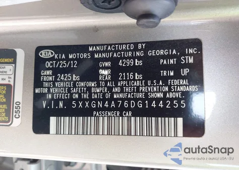 2013 Kia Optima Ex z USA, uszkodzony, nr VIN 5XXGN4A76DG144255